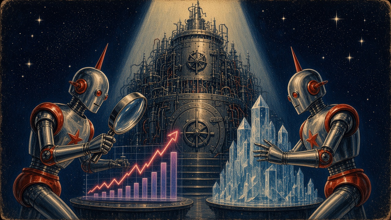 1950s pulp-style illustration of two chrome robots with red stars studying holographic charts and crystal data models beside a towering riveted cloud machine under a spotlight in starry space, navy red and chrome on aged paper
