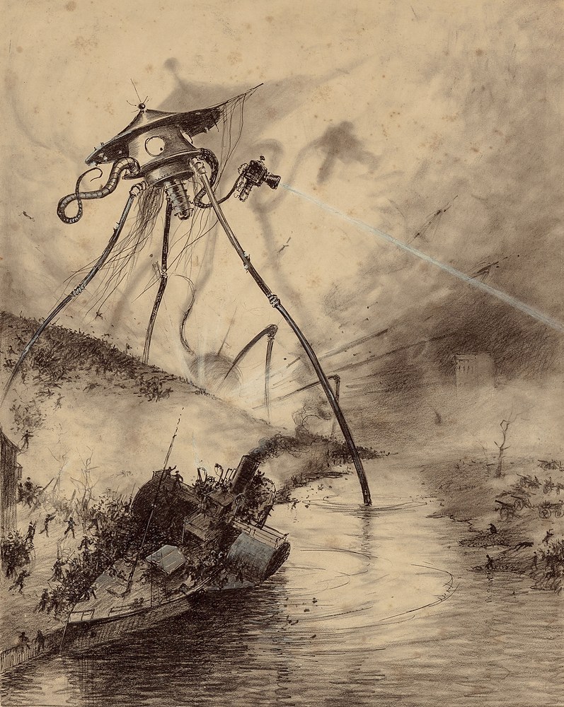 Henrique Alvim Corrêa 1906 War of the Worlds plate: Martian fighting-machine over a ruined city